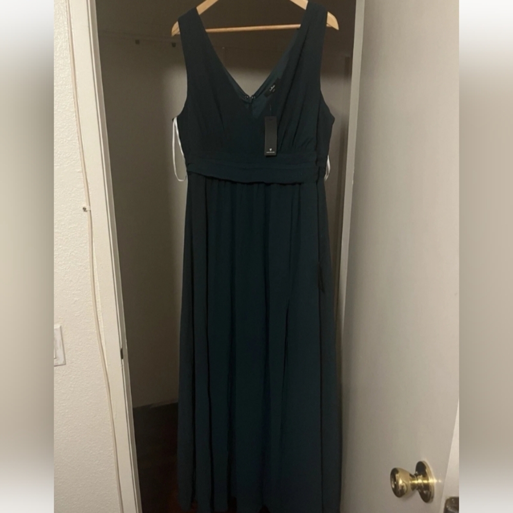 Lulus L Sleeveless Deep V Dark Teal Zipper, Leg Slit, A-Line Maxi, Built In Slip